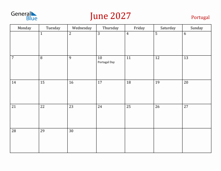 Portugal June 2027 Calendar - Monday Start