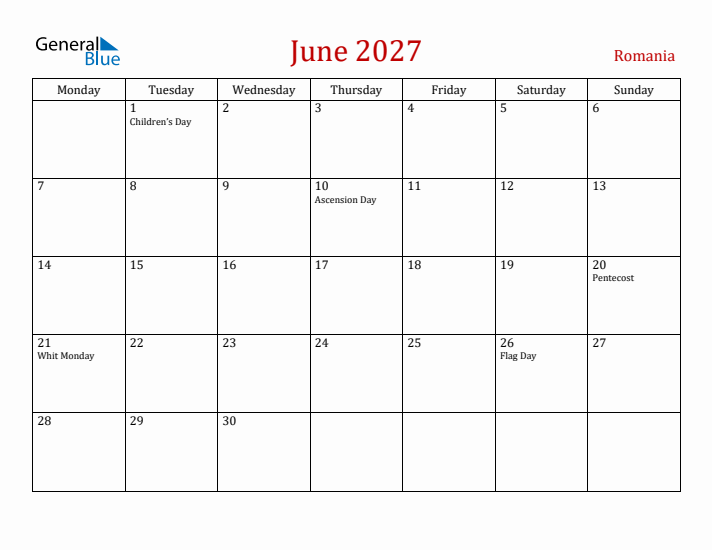 Romania June 2027 Calendar - Monday Start