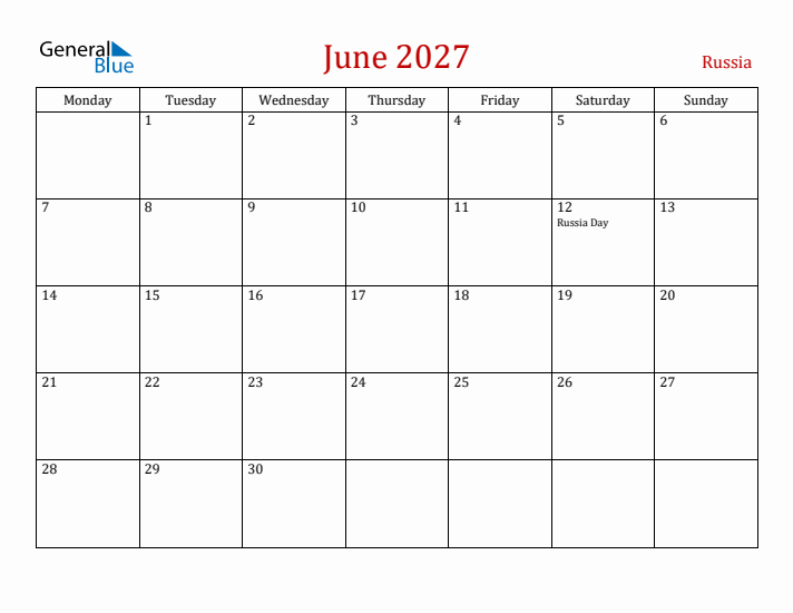 Russia June 2027 Calendar - Monday Start