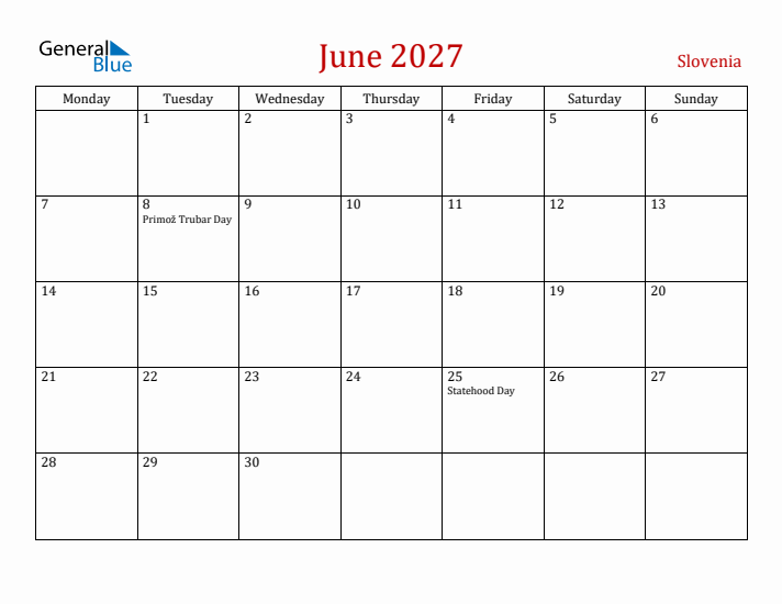 Slovenia June 2027 Calendar - Monday Start