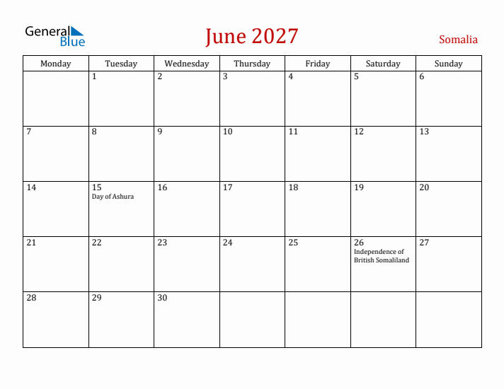 Somalia June 2027 Calendar - Monday Start