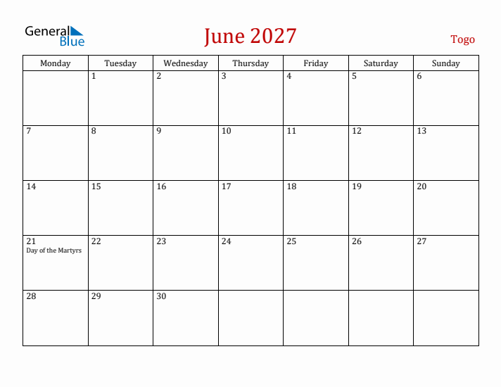 Togo June 2027 Calendar - Monday Start