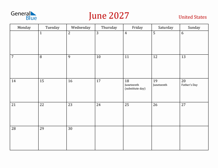 United States June 2027 Calendar - Monday Start