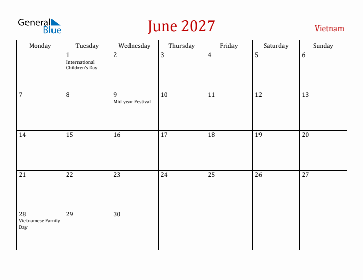 Vietnam June 2027 Calendar - Monday Start