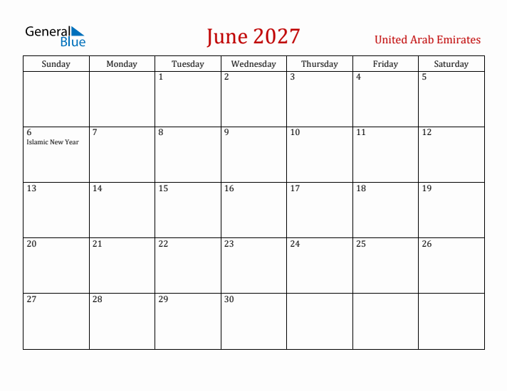 United Arab Emirates June 2027 Calendar - Sunday Start