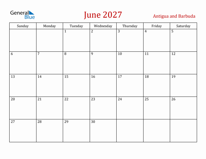 Antigua and Barbuda June 2027 Calendar - Sunday Start