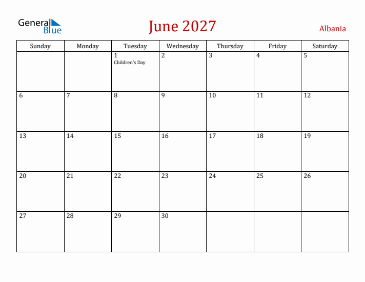 Albania June 2027 Calendar - Sunday Start