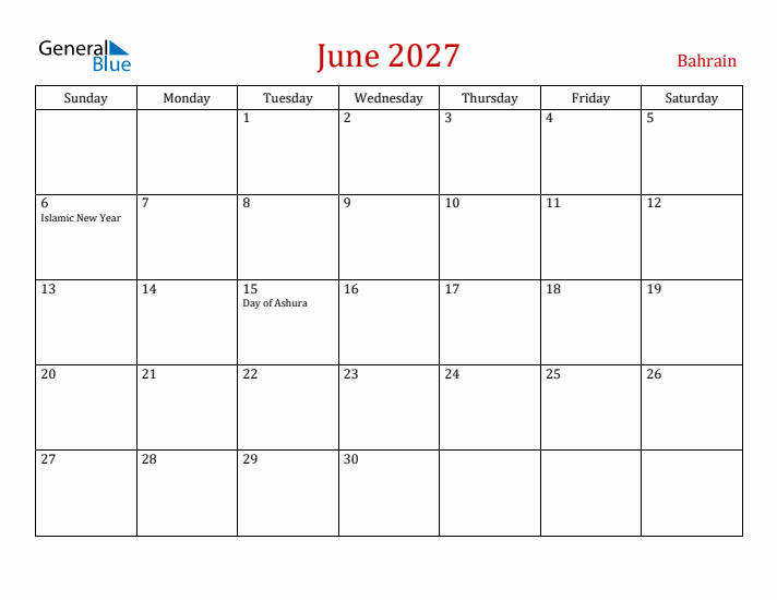 Bahrain June 2027 Calendar - Sunday Start