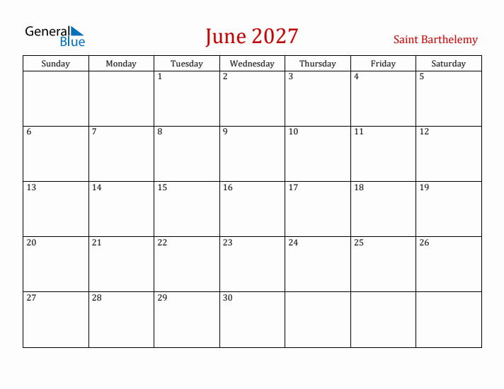 Saint Barthelemy June 2027 Calendar - Sunday Start