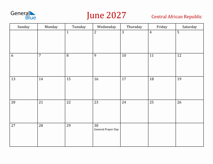 Central African Republic June 2027 Calendar - Sunday Start