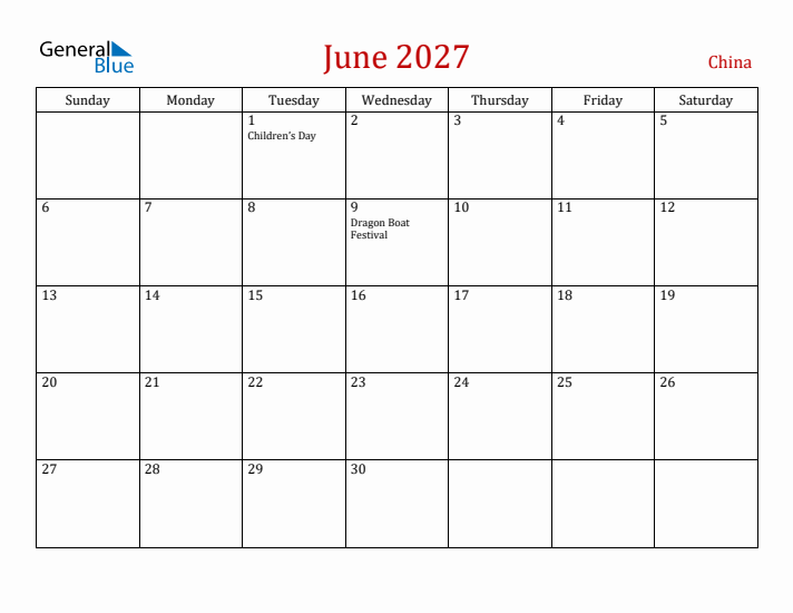 China June 2027 Calendar - Sunday Start
