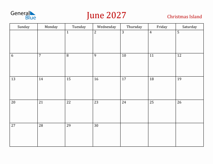 Christmas Island June 2027 Calendar - Sunday Start