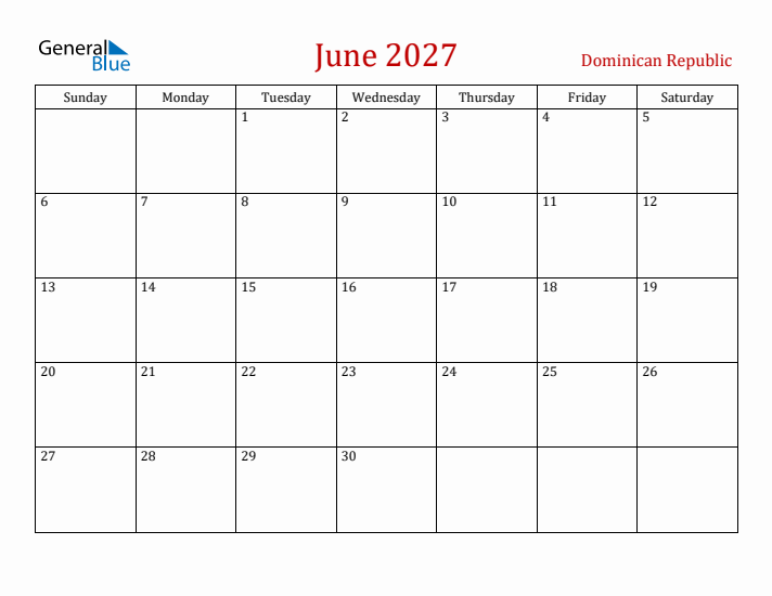 Dominican Republic June 2027 Calendar - Sunday Start