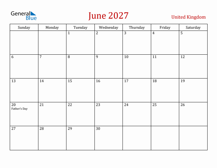 United Kingdom June 2027 Calendar - Sunday Start