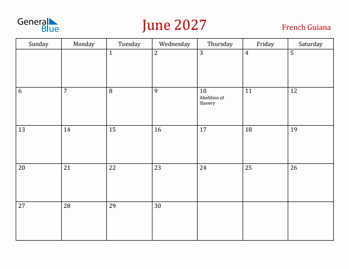 French Guiana June 2027 Calendar - Sunday Start