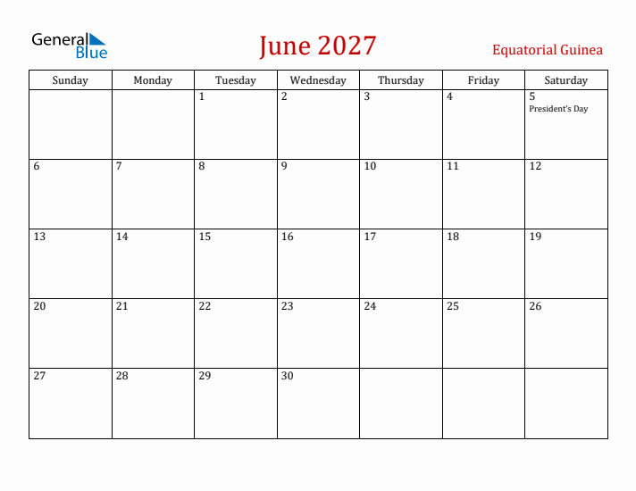 Equatorial Guinea June 2027 Calendar - Sunday Start