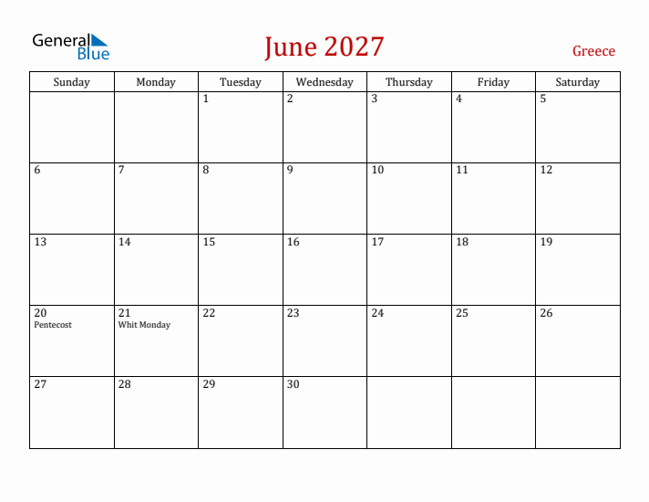 Greece June 2027 Calendar - Sunday Start