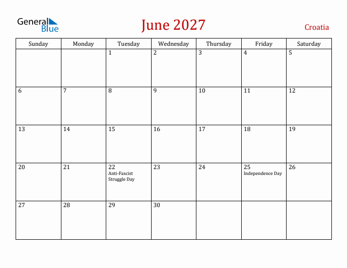 Croatia June 2027 Calendar - Sunday Start