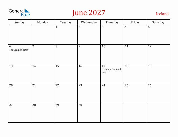 Iceland June 2027 Calendar - Sunday Start