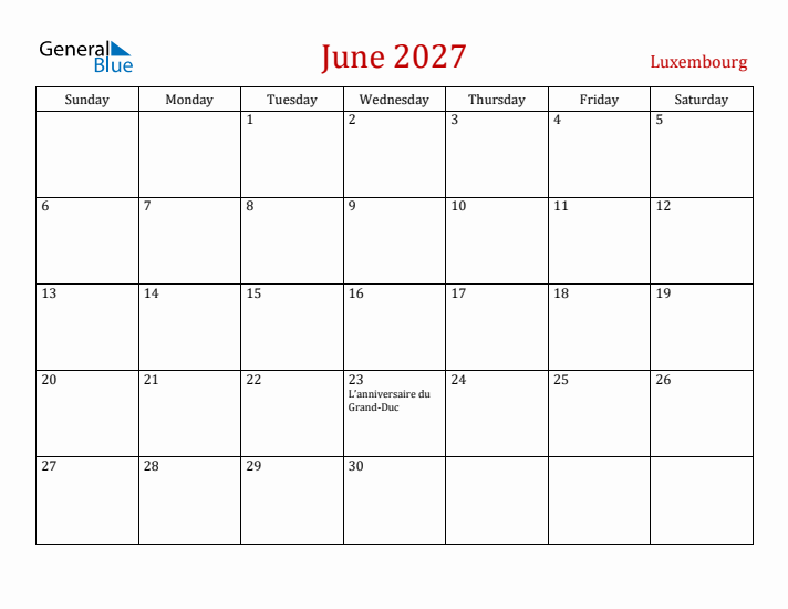 Luxembourg June 2027 Calendar - Sunday Start