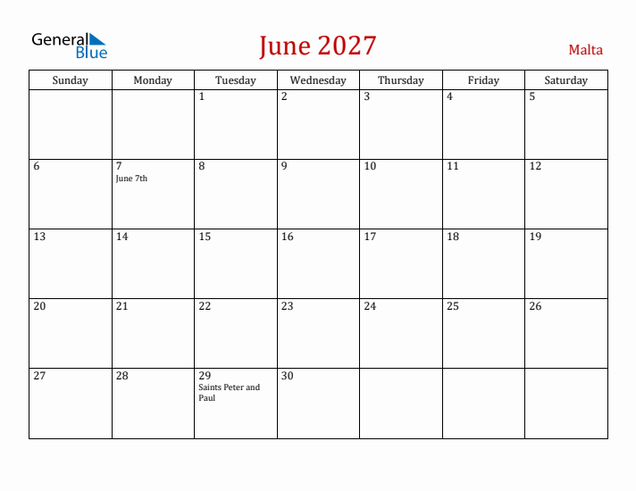 Malta June 2027 Calendar - Sunday Start
