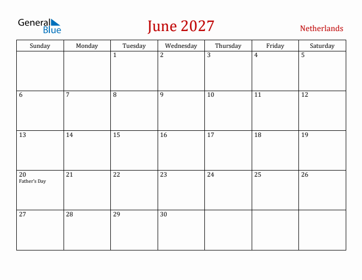 The Netherlands June 2027 Calendar - Sunday Start