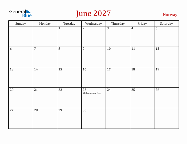 Norway June 2027 Calendar - Sunday Start