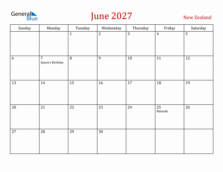 New Zealand June 2027 Calendar - Sunday Start