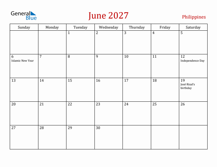 Philippines June 2027 Calendar - Sunday Start