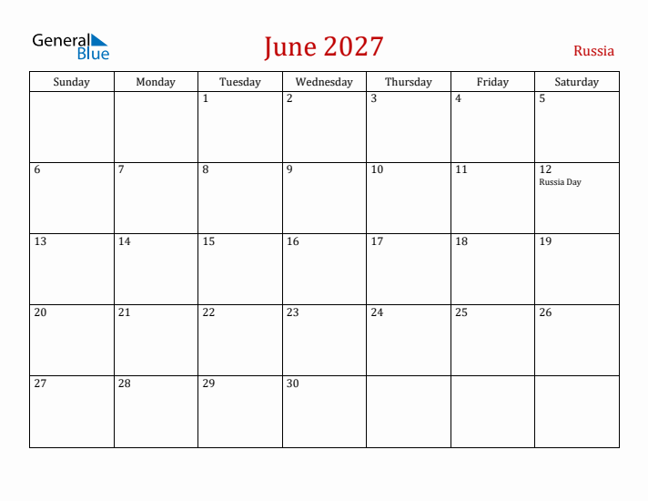 Russia June 2027 Calendar - Sunday Start
