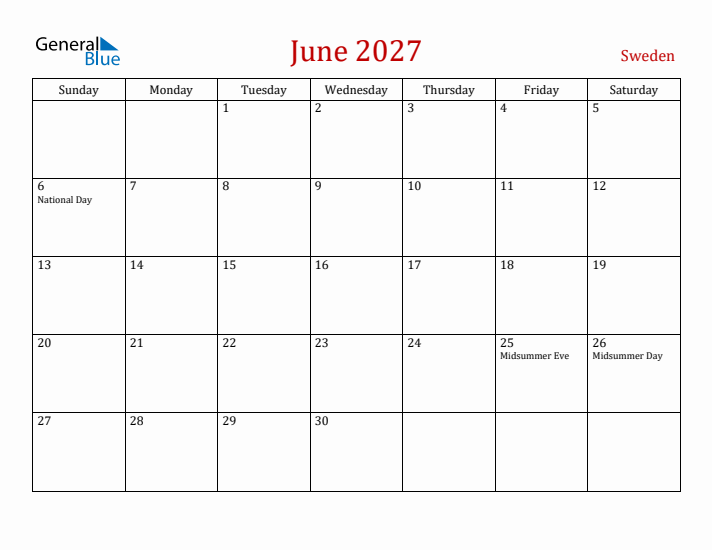 Sweden June 2027 Calendar - Sunday Start