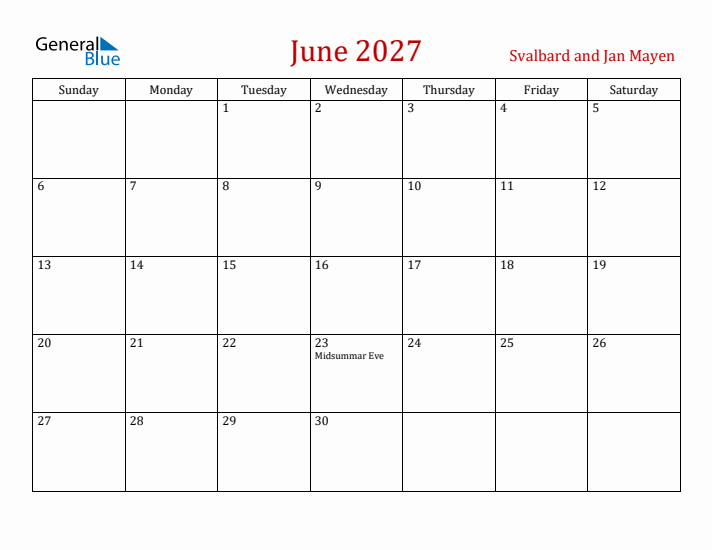 Svalbard and Jan Mayen June 2027 Calendar - Sunday Start