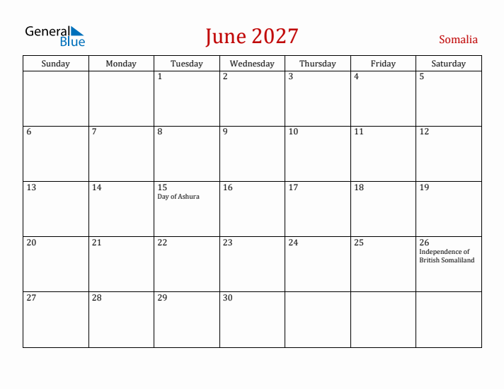 Somalia June 2027 Calendar - Sunday Start