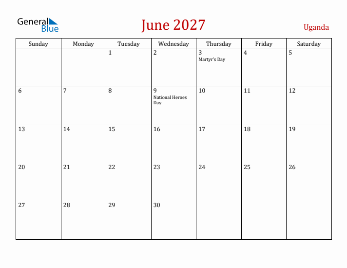 Uganda June 2027 Calendar - Sunday Start