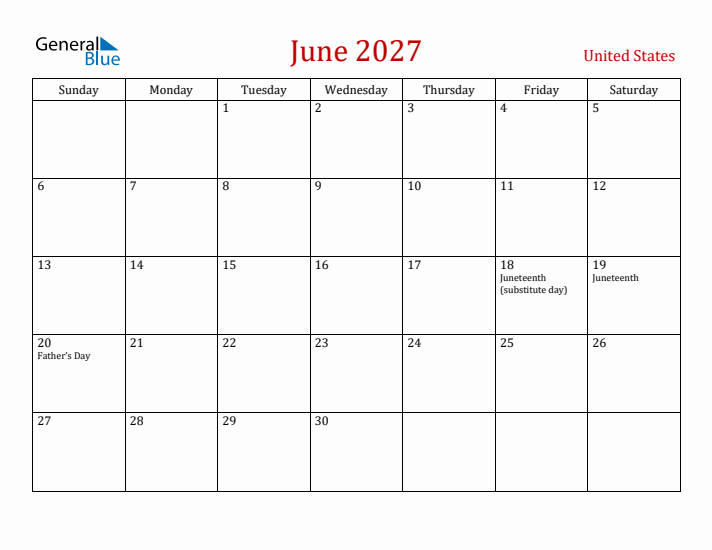 United States June 2027 Calendar - Sunday Start