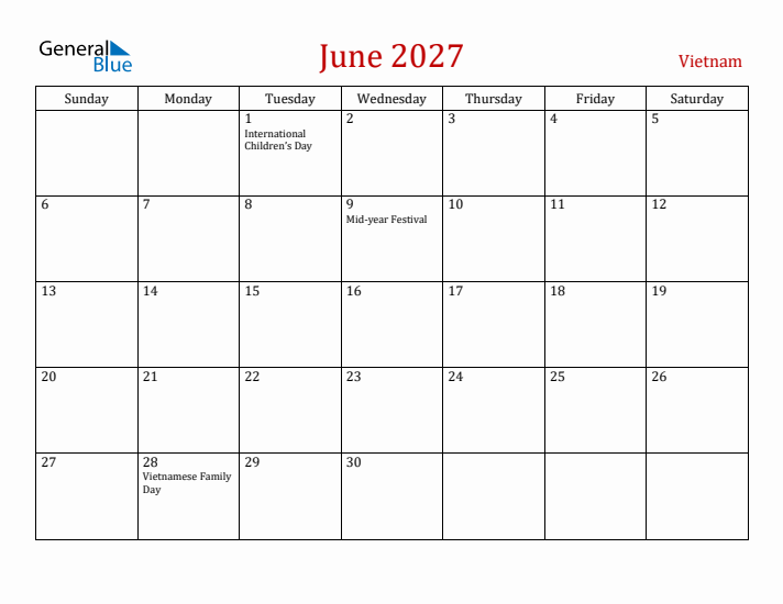 Vietnam June 2027 Calendar - Sunday Start