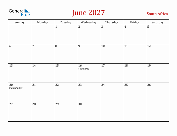 South Africa June 2027 Calendar - Sunday Start