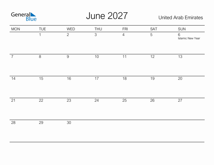 Printable June 2027 Calendar for United Arab Emirates