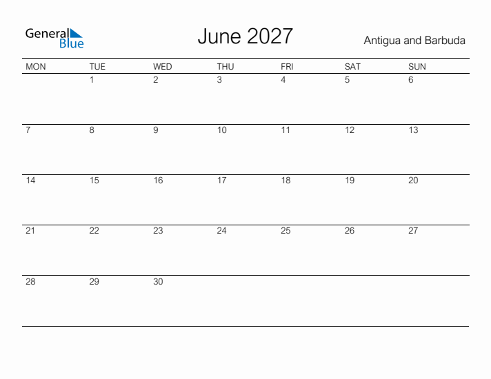 Printable June 2027 Calendar for Antigua and Barbuda