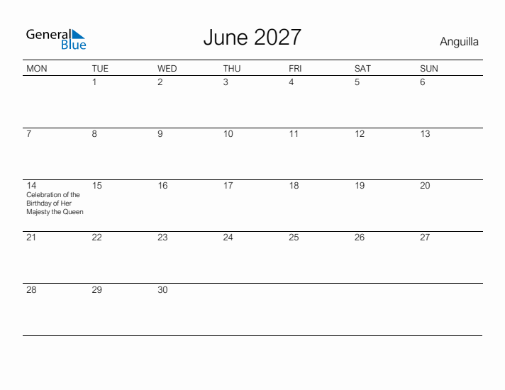 Printable June 2027 Calendar for Anguilla
