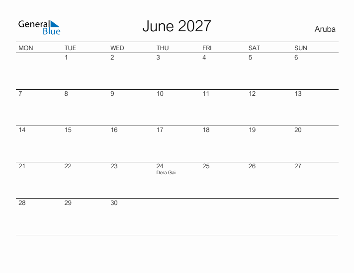 Printable June 2027 Calendar for Aruba