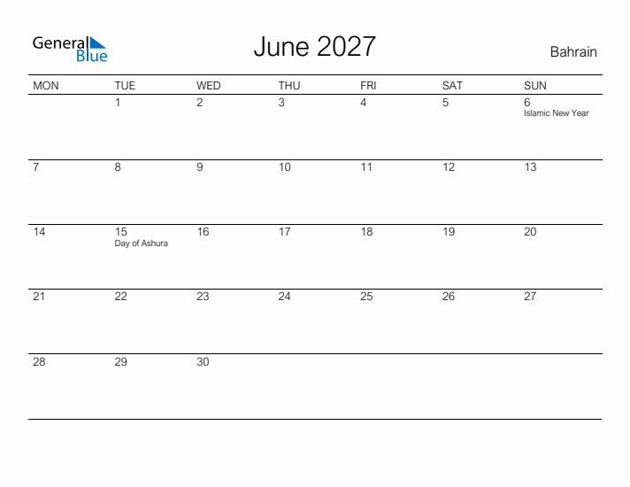 Printable June 2027 Calendar for Bahrain
