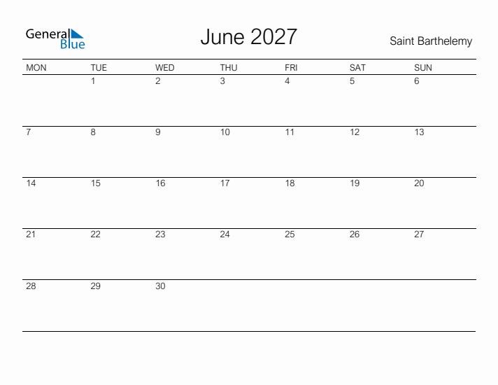 Printable June 2027 Calendar for Saint Barthelemy