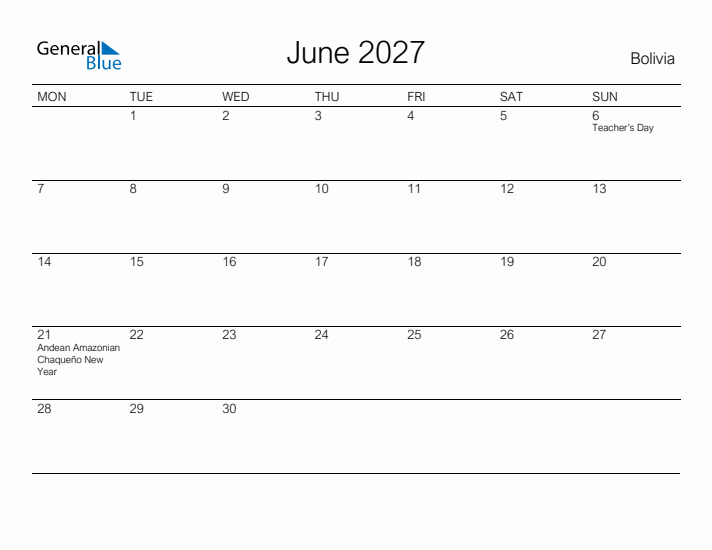 Printable June 2027 Calendar for Bolivia