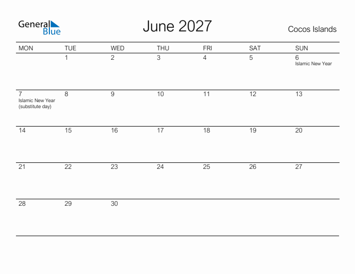Printable June 2027 Calendar for Cocos Islands