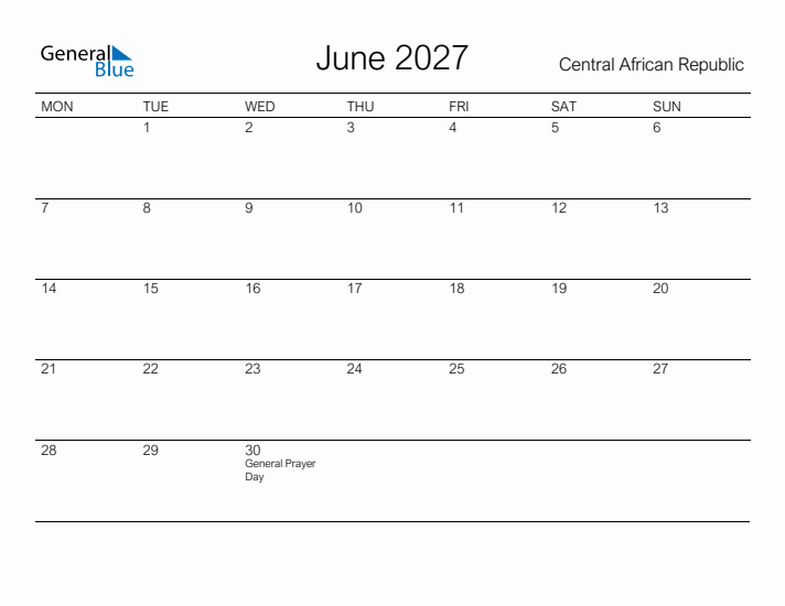 Printable June 2027 Calendar for Central African Republic
