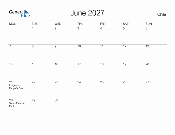 Printable June 2027 Calendar for Chile
