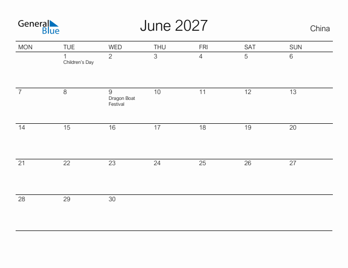 Printable June 2027 Calendar for China