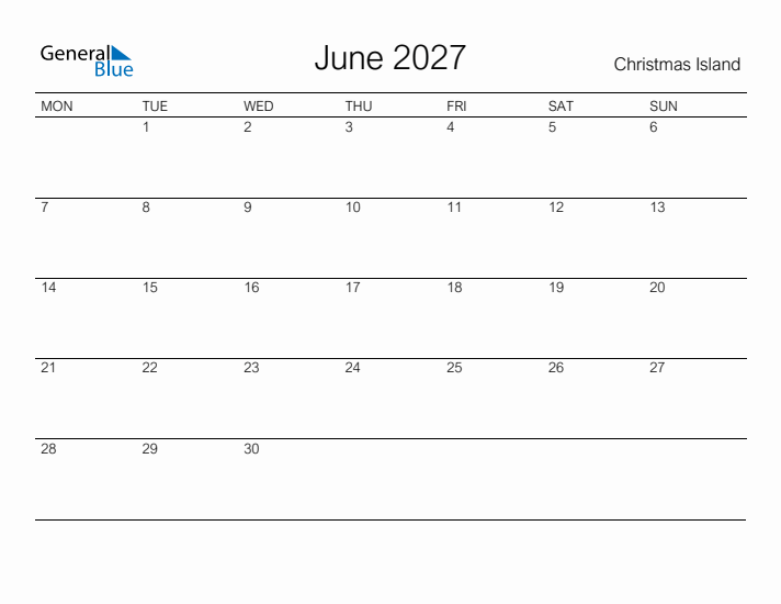 Printable June 2027 Calendar for Christmas Island