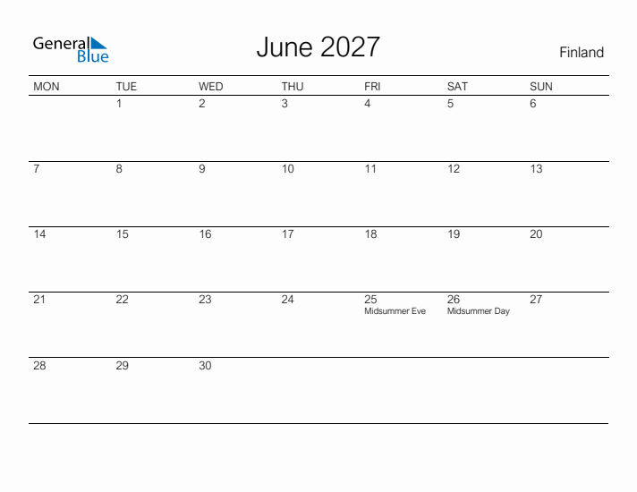 Printable June 2027 Calendar for Finland